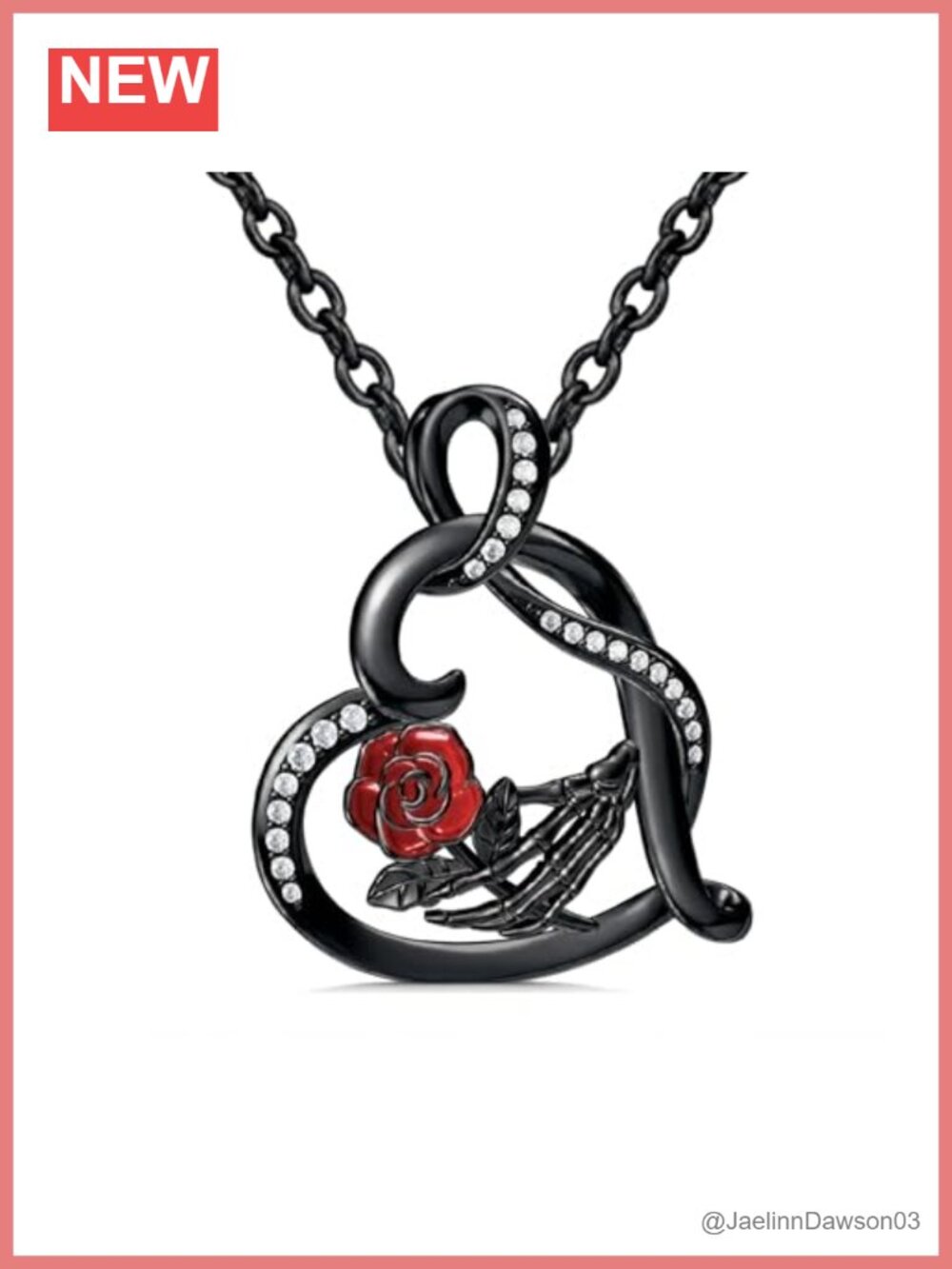 Gothic Skeleton Hand Rose Pendant Necklace Black Gold Plated